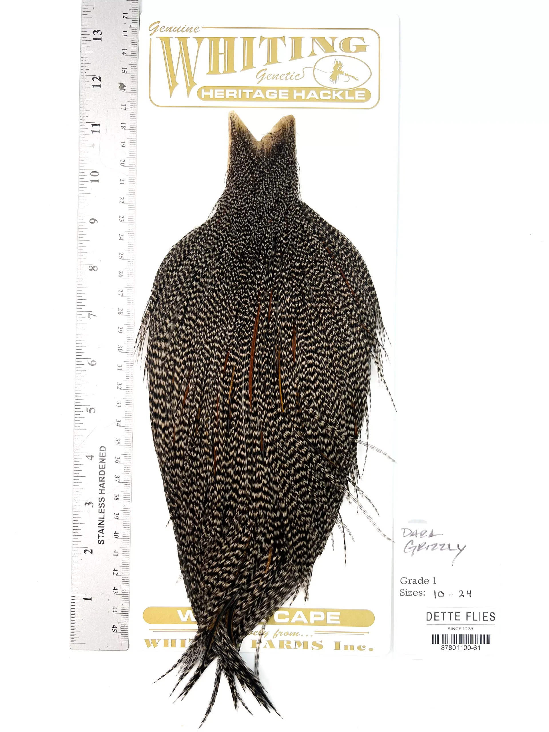Dark Grizzly - Whiting Heritage Hackle Rooster Cape - Grade 1 (#61)